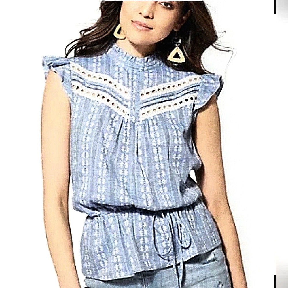 NWT NY&Company Embroidered Eyelet Peplum Top w/ Drawstring Waist Tie Size Large